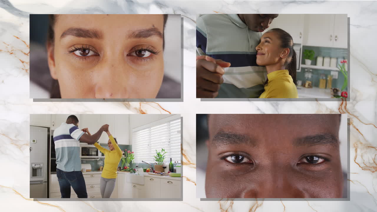 Animation of four frames with happy biracial couple spending time at home dancing on grey background