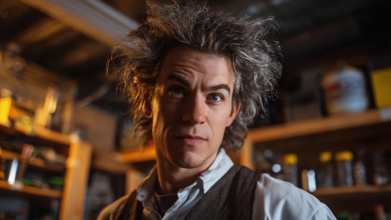 Un personaggio unico con capelli selvaggi e incolti, che mostra un momento di espressione intensa in un laboratorio ben fornito, circondato da vari strumenti e materiali