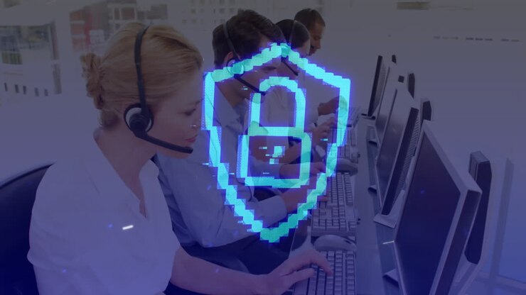 Animation of shield and padlock over caucasian colleagues using phone headset in office