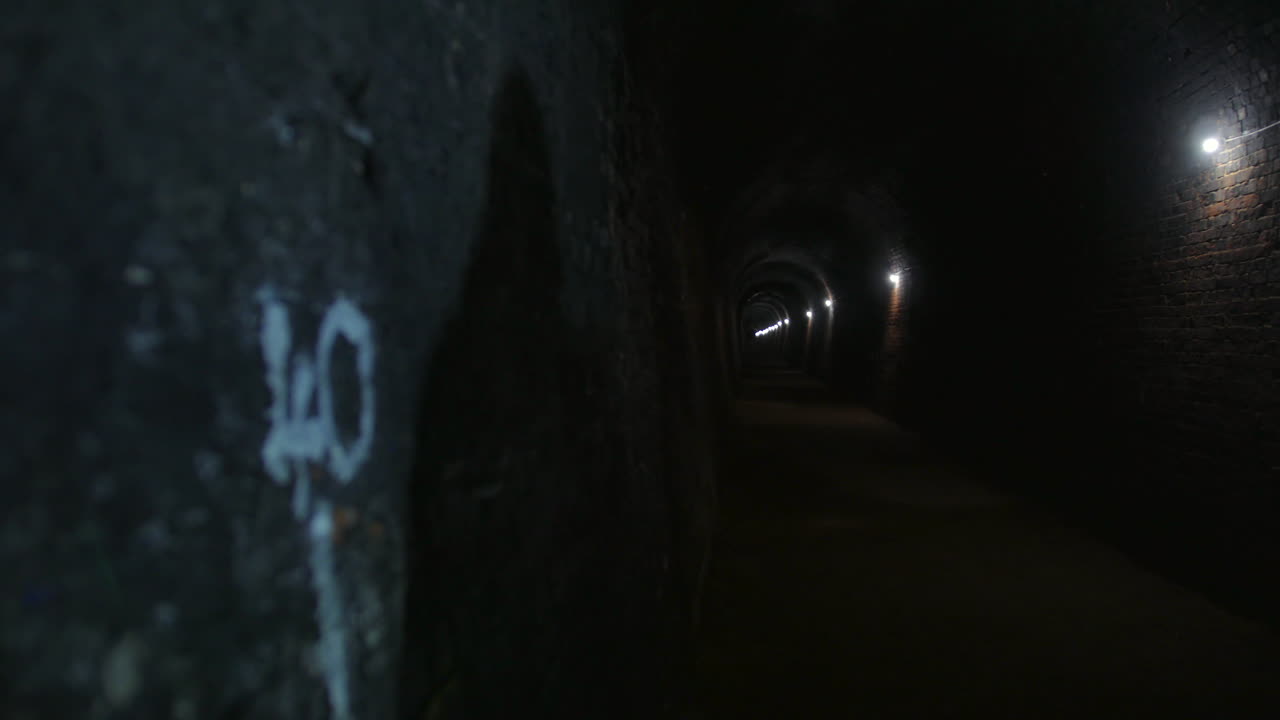 A dark tunnel with brick walls stretches into the distance, illuminated by evenly spaced lights along one side. The dark, narrow passage creates a mysterious and slightly eerie atmosphere