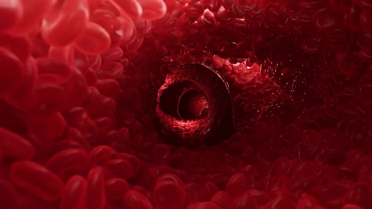 Close-up view inside a narrow blood vessel showing red blood cells moving through a dark central channel with vivid red lighting and strong depth