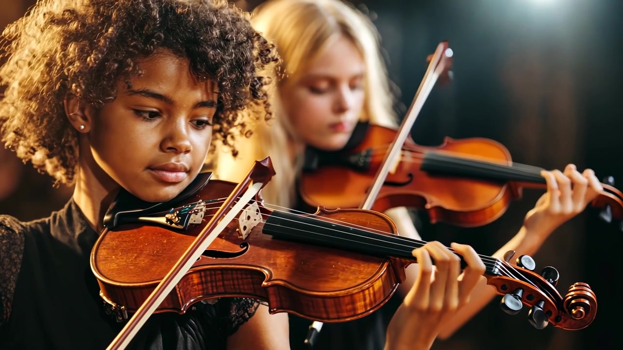 Nahaufnahme eines jungen Mädchens, das Geige spielt, mit einem weiteren Musiker im Hintergrund.