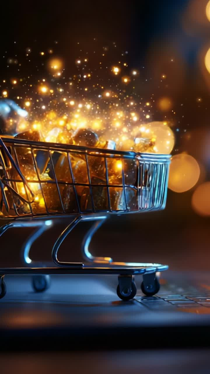 A shimmering shopping cart filled with glowing treasures releases magical sparks, capturing the essence of wonder and excitement in a visually stunning display