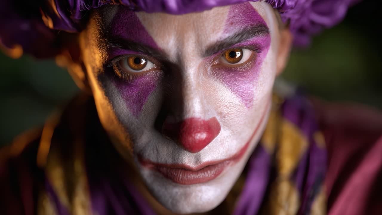 Intense Clown Portrait with Dramatic Makeup and Expression, Capturing the Intriguing Essence of a Clown's Character Through Striking Visuals and Engaging Eyes