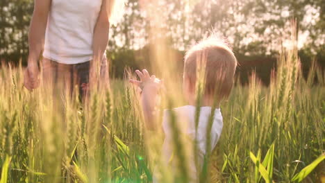 the concept of a happy family. close-up of a boy and his mother in a field with wheat spikes smiling and playing with a soccer ball