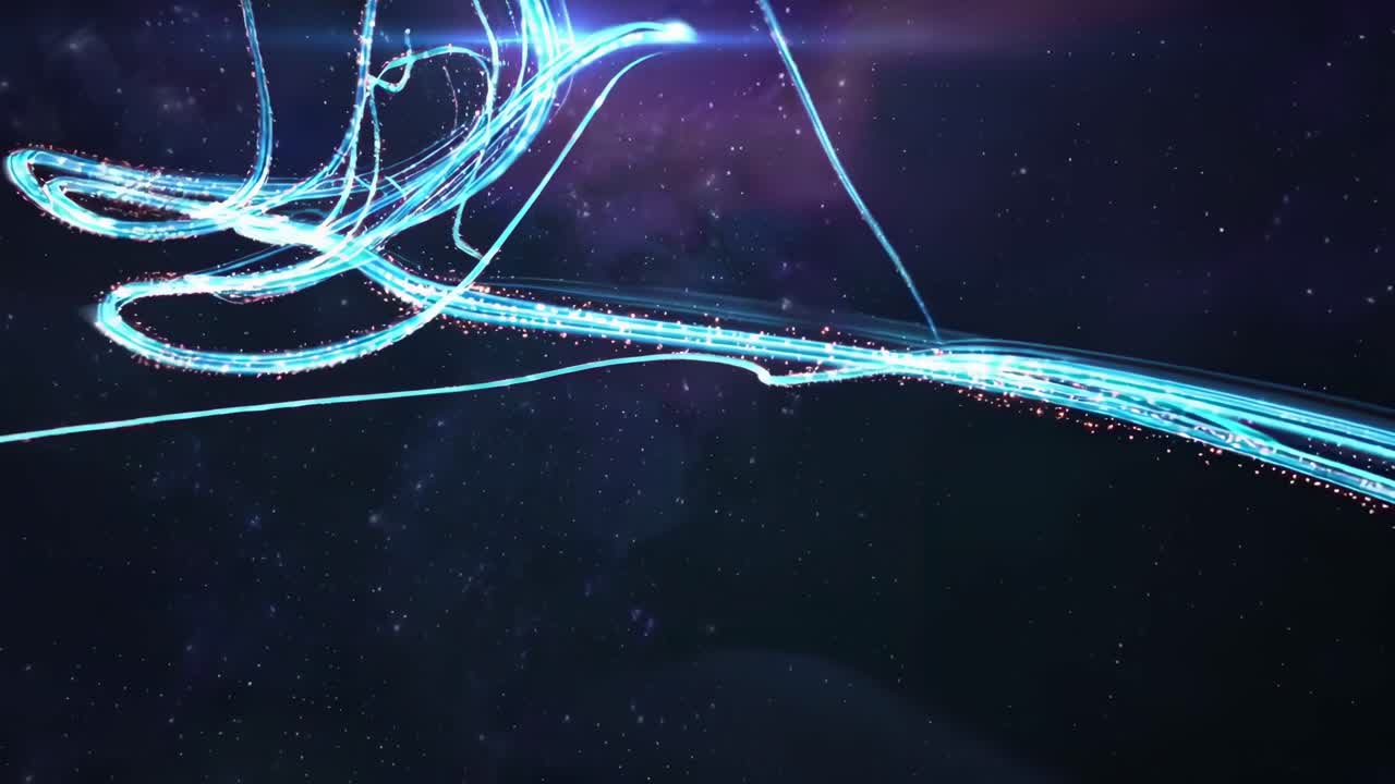 Dynamic cosmic video with a low-angle view of glowing blue trails against a starry backdrop