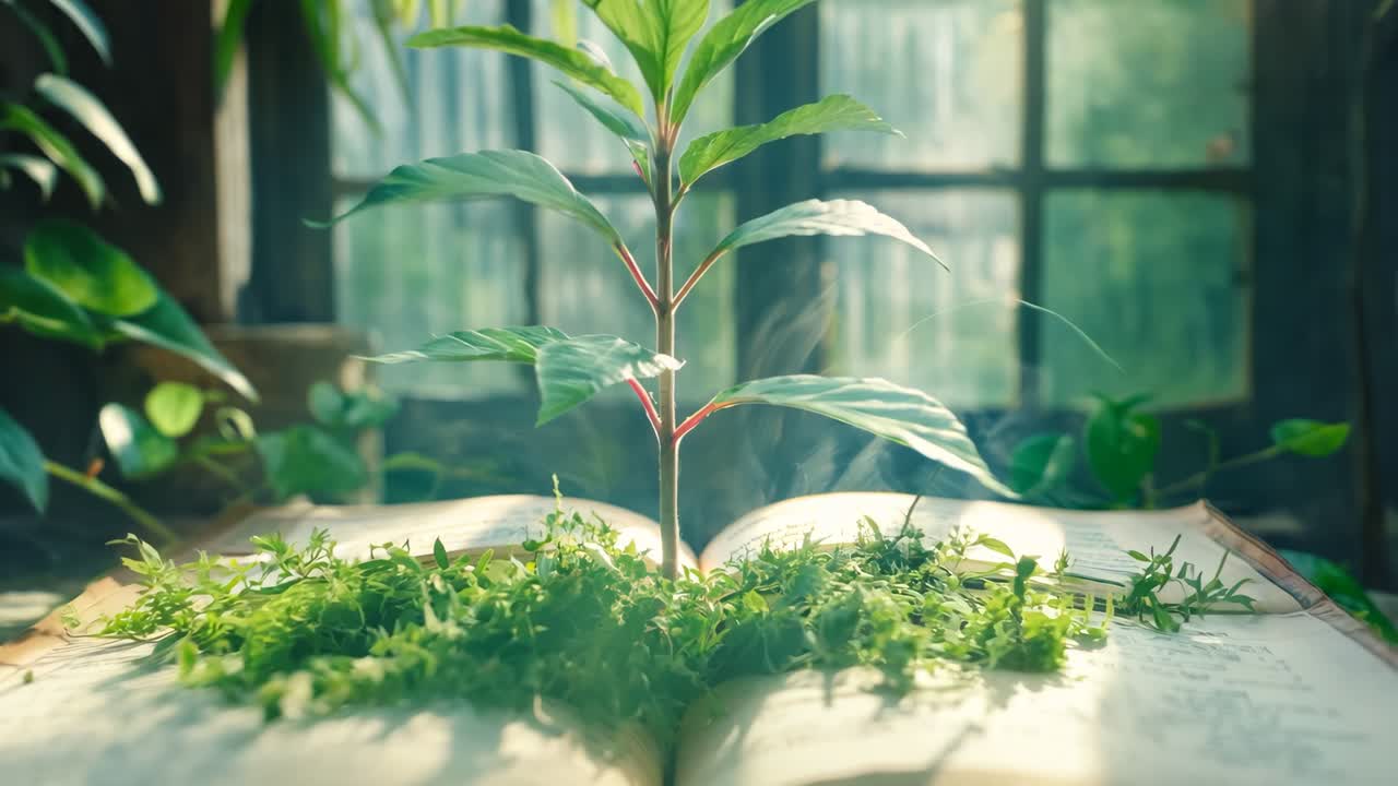 एक खुली किताब जिसमें से एक पौधा उग रहा है।