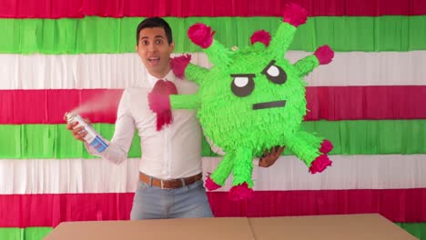 hispanic model sanitizing a coronavirus piñata