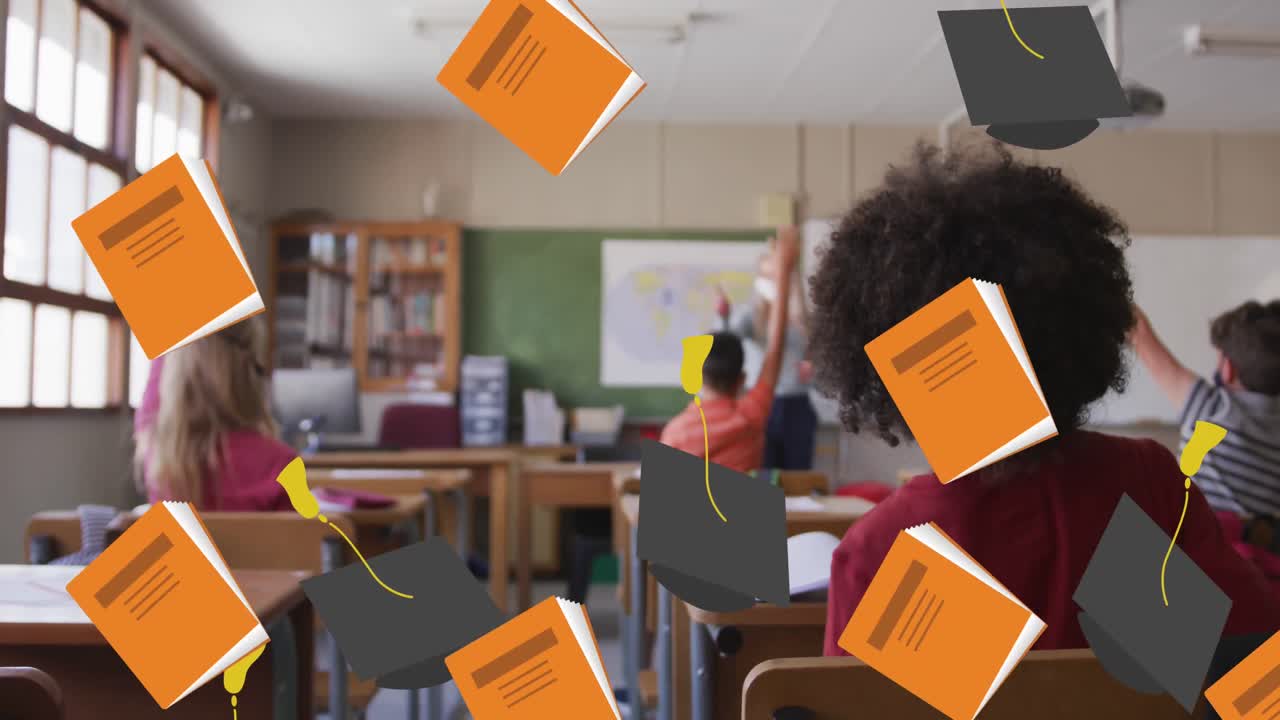 animación de elementos escolares iconos que se mueven sobre los escolares que llevan máscaras faciales