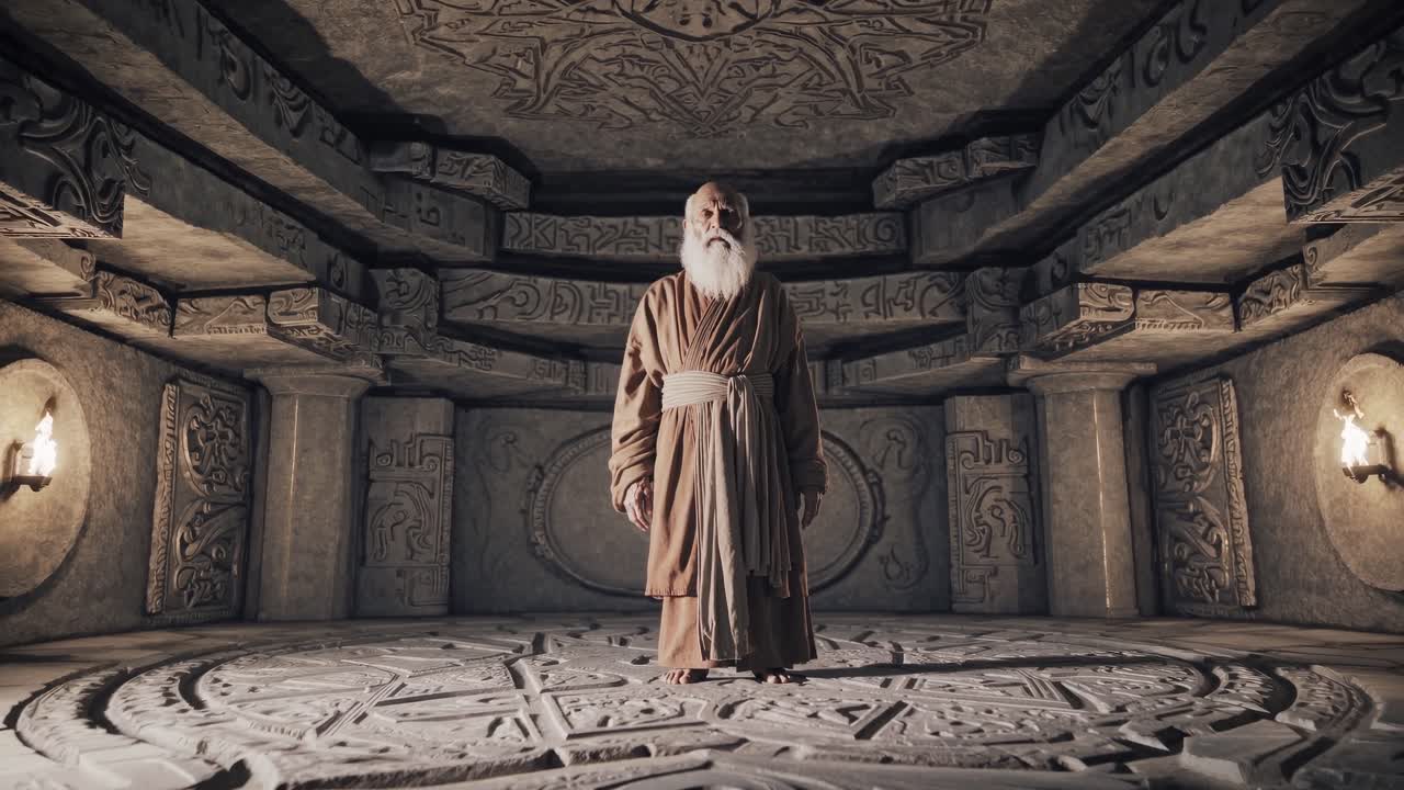 Wise old monk standing in the center of an ancient temple, radiating mystic energy amidst intricate carvings and symbols, bathed in soft, ethereal light