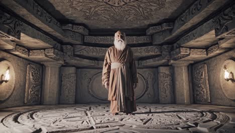 wise old monk standing in the center of an ancient temple, radiating mystic energy amidst intricate carvings and symbols, bathed in soft, ethereal light