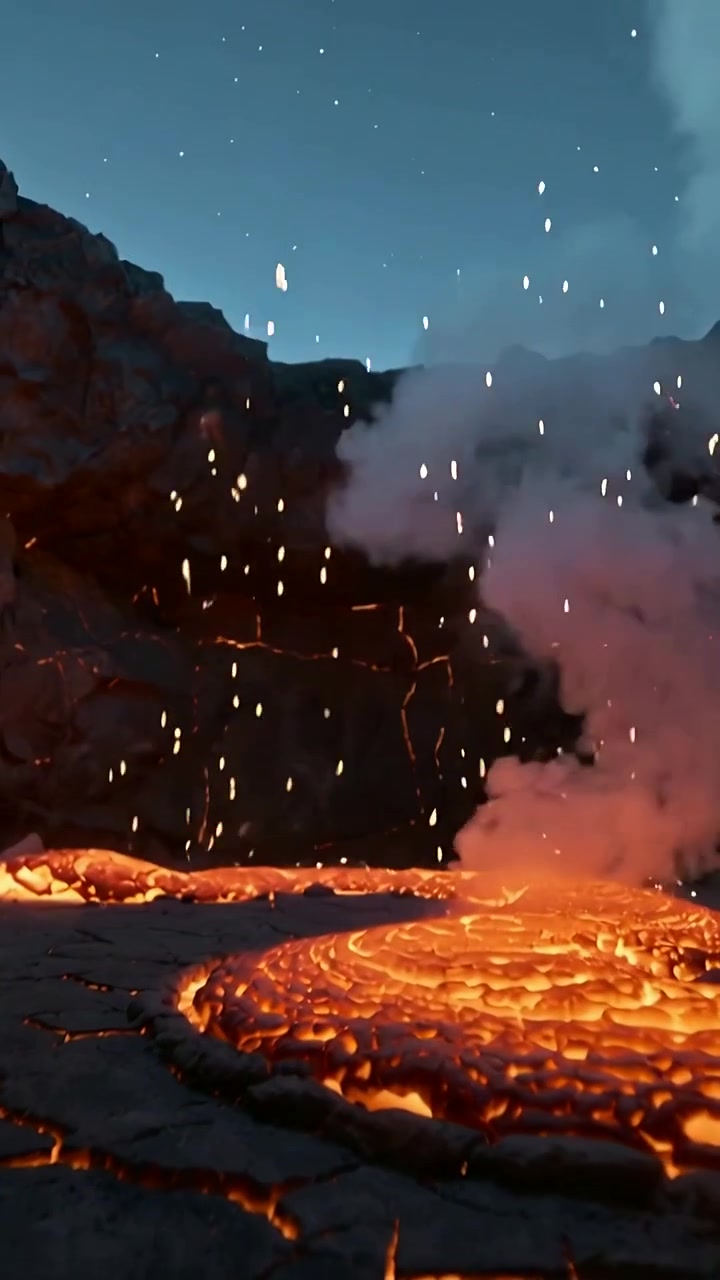 Vertical video: Bursting at right edge, lava pool spraying droplets in crater, forming steam