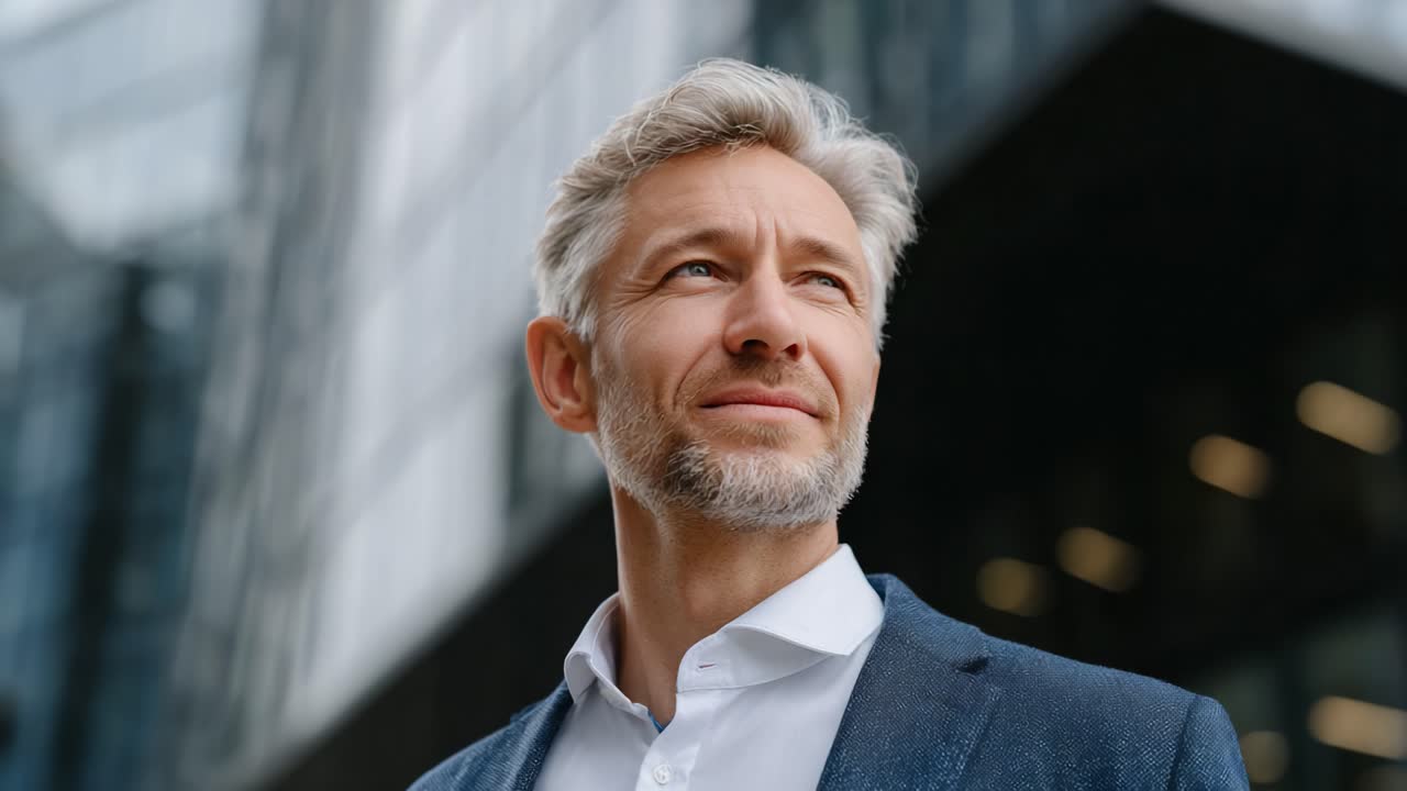 A Thoughtful Businessman Gazing Towards the Future: Capturing a Moment of Inspiration and Reflection in a Modern Urban Environment