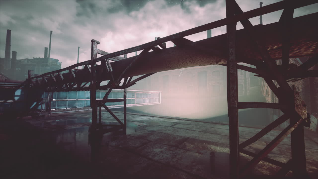 야간에 큰 버려진 산업 지역