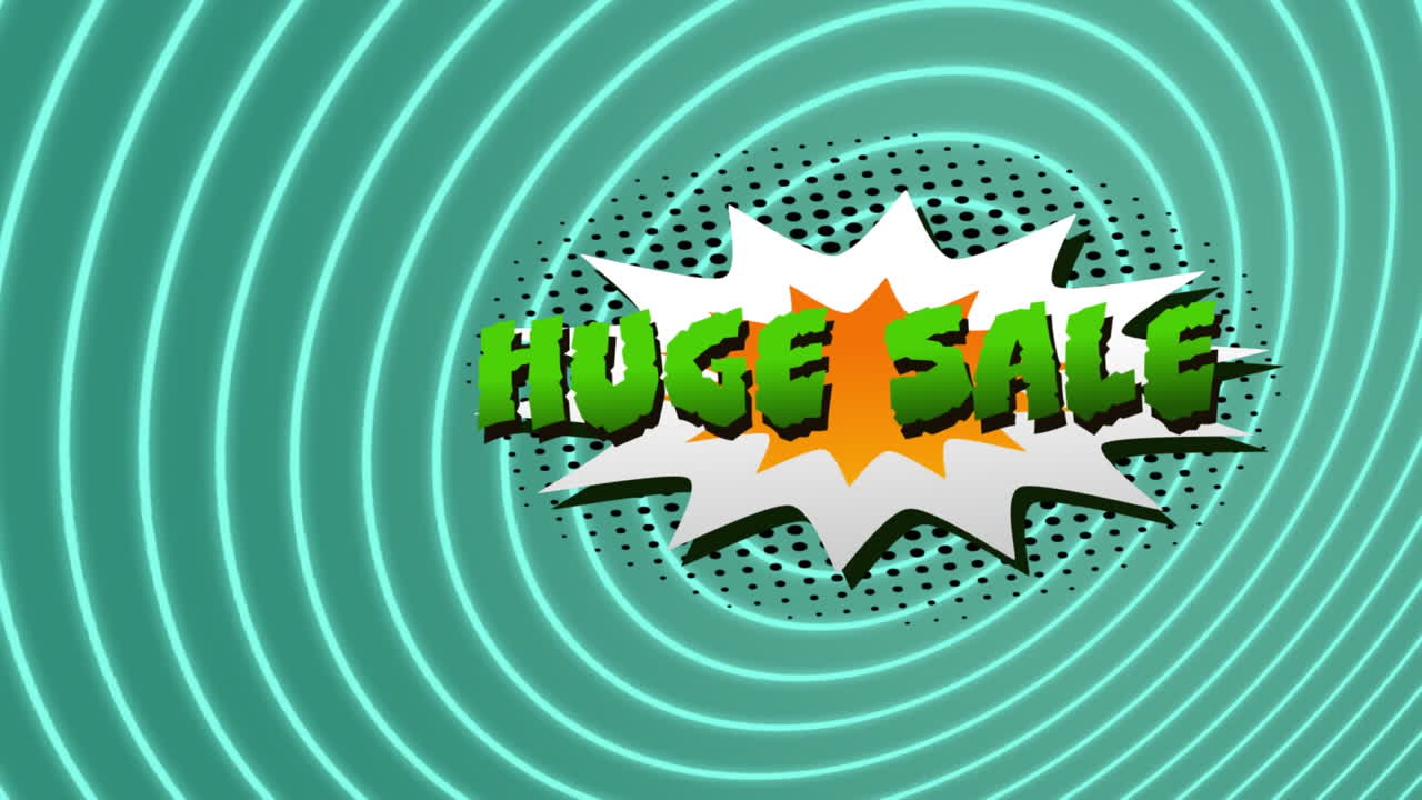 enorme texto de venta sobre burbuja de discurso retro contra senderos de luz en espiral sobre fondo verde