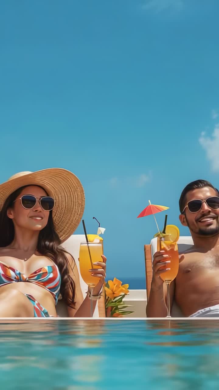 Video verticale: sguardo in movimento, uomo che solleva un drink e condivide uno sguardo con una donna con cappello da sole in piscina, mentre si rilassa