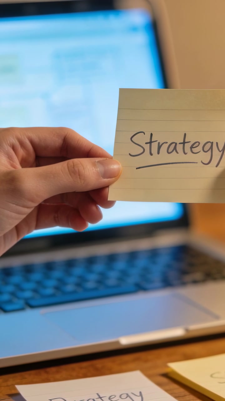 Vertical video: Planning hands wearing blue sleeve placing Strategy note on laptop at desk, typing