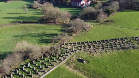 aerial view from siegfried line, also known as dragon teeth with a house in the background