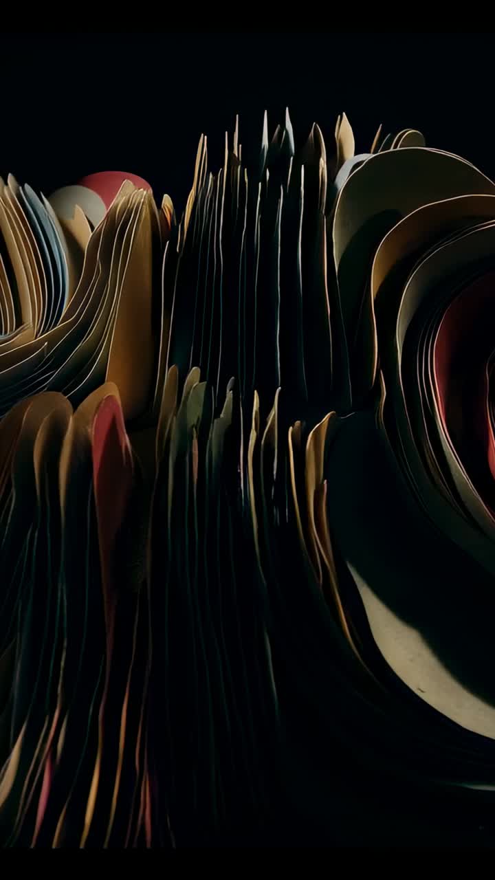 Vertical video: Moving camera closer, showing layered paper sheets in studio to reveal spiral edges