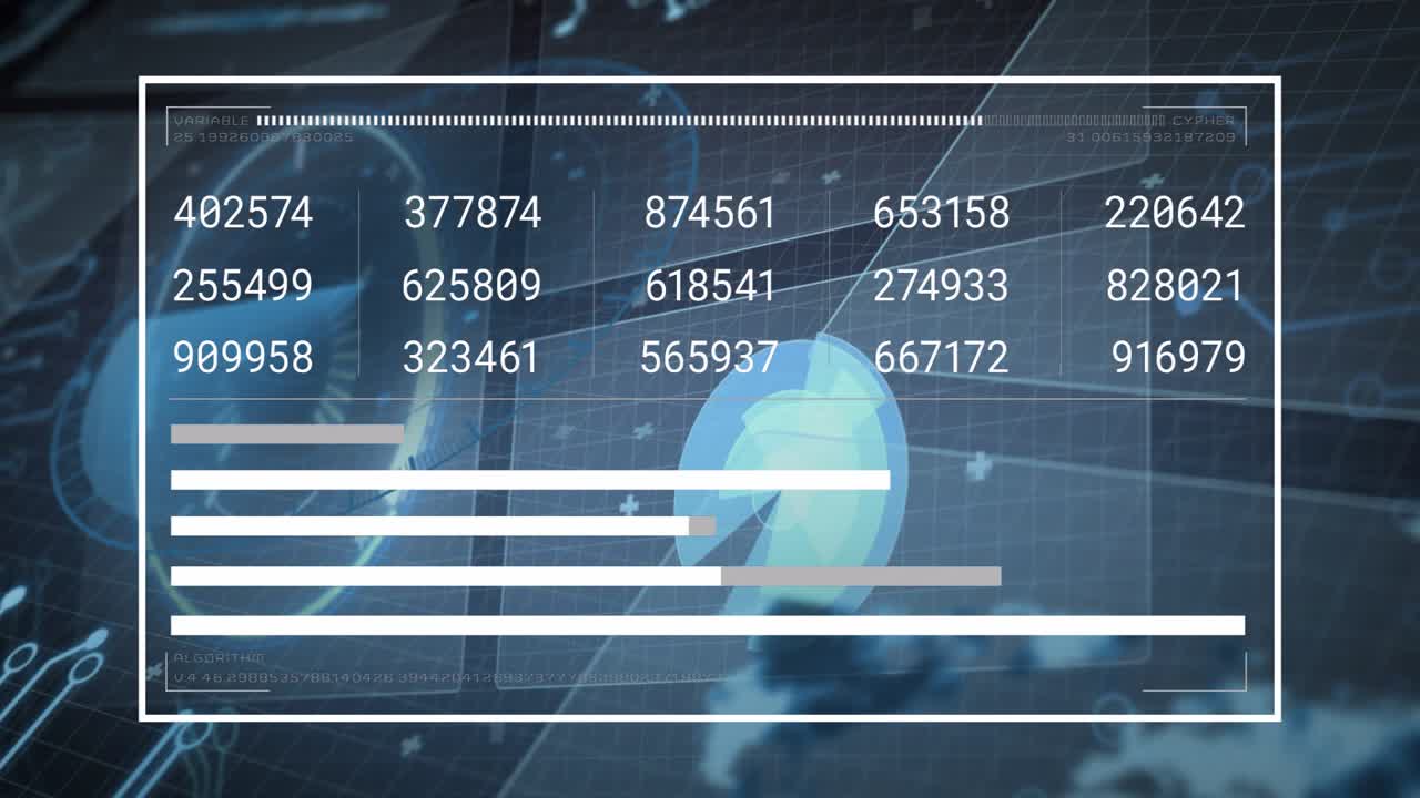 Incoming data pulse hitting centered white HUD, updating numeric grid and bars for realtime metrics