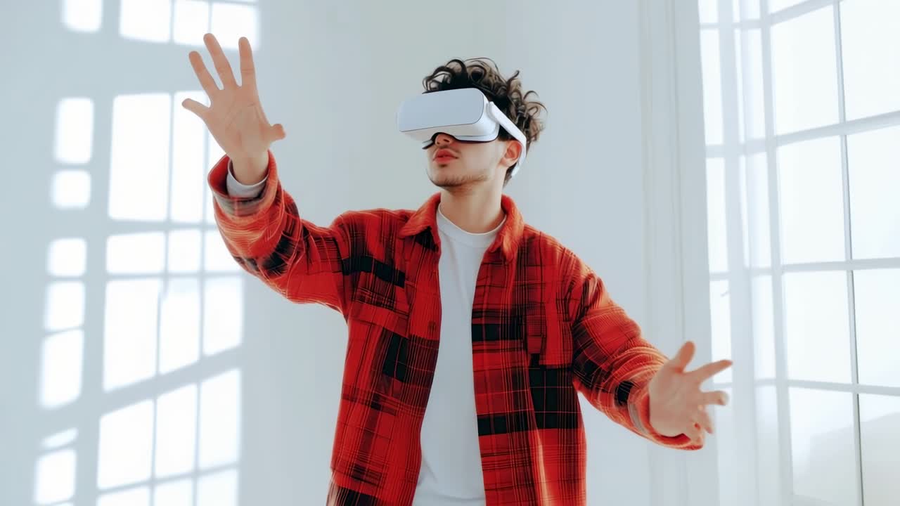 Un uomo con una camicia a quadri rossa usa occhiali VR, allungando le mani come se stesse maneggiando un video virtuale
