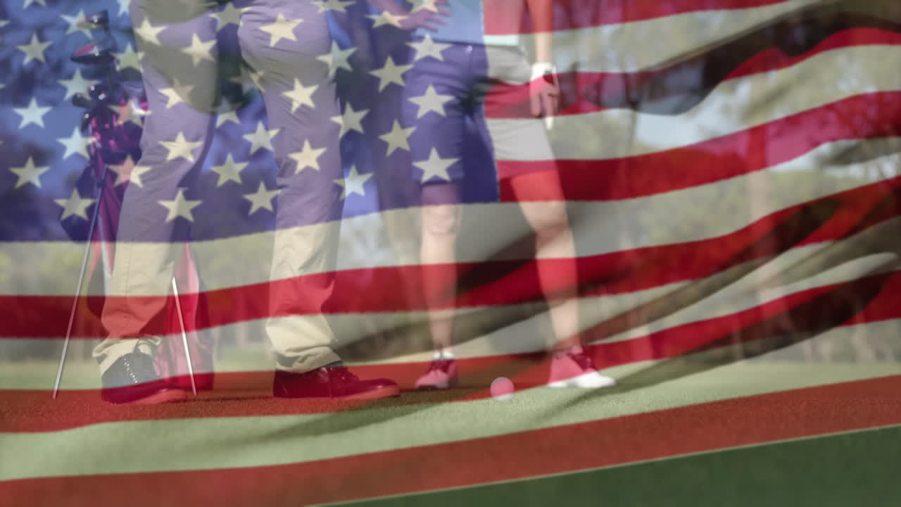 Couple golfing on putting green, displaying animated marketing bar chart and US flag overlay