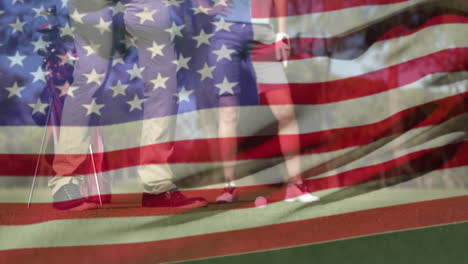 couple golfing on putting green, displaying animated marketing bar chart and us flag overlay