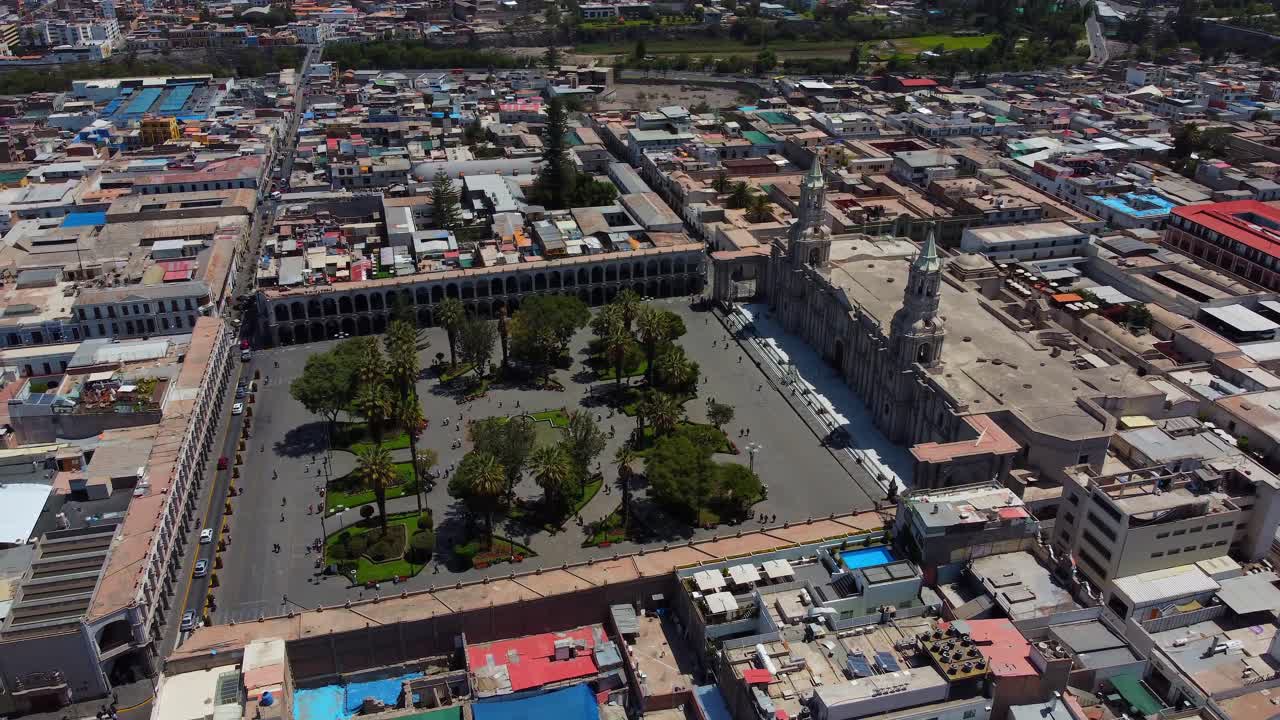 Aerial View of Arequipa's Historic Plaza de Armas and Cathedral