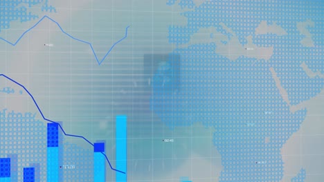 animation of interface with graphs and statistics with glowing world map on blue background