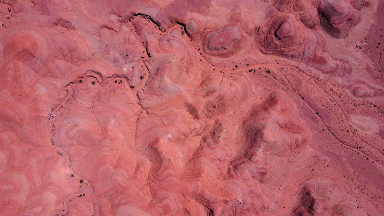 drone de arriba hacia abajo disparado volando sobre las formaciones rocosas rojas y una carretera que atraviesa el parque nacional de talampaya en la rioja, argentina