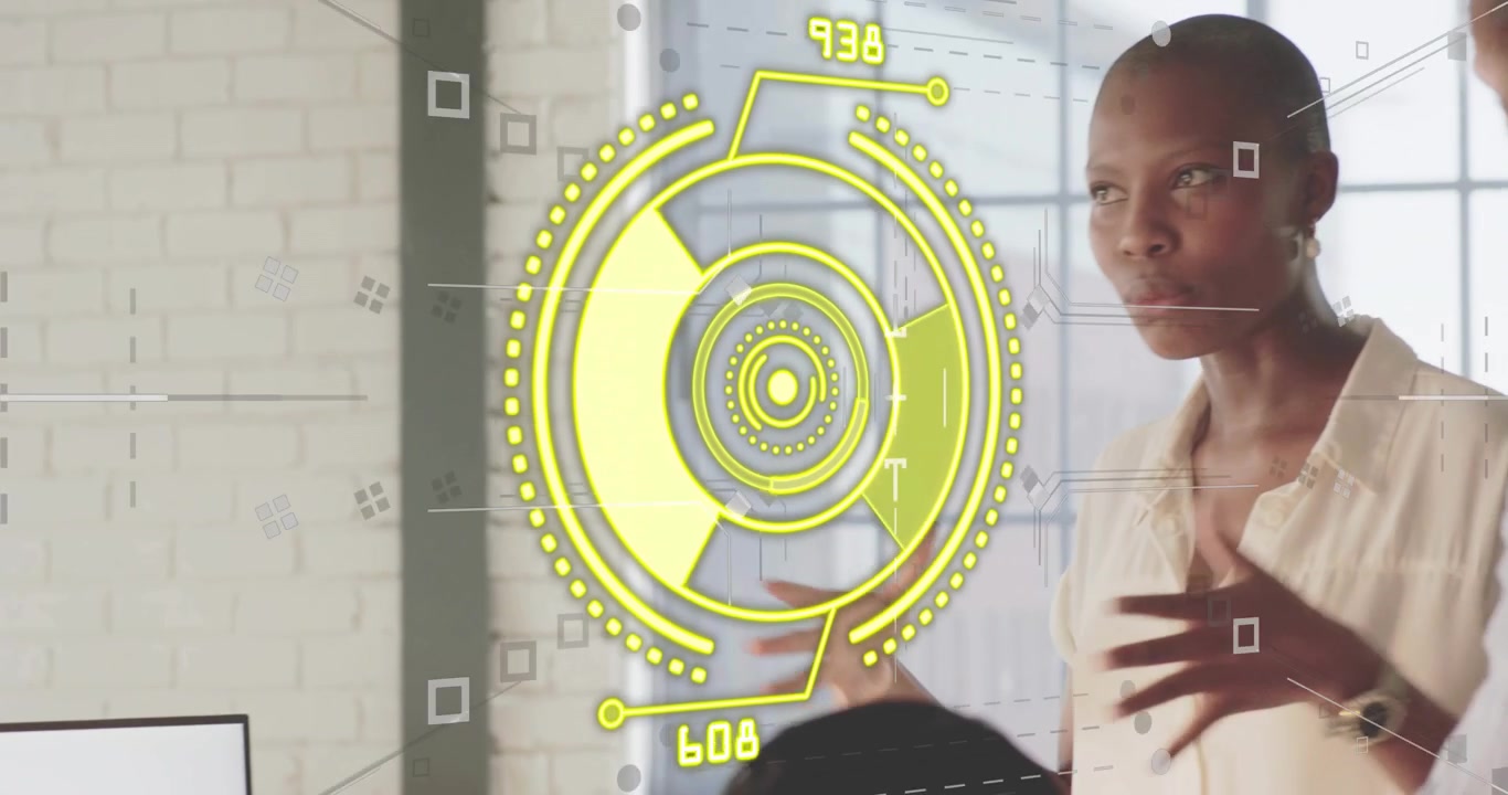Woman tapping laptop initiating holographic overlay and guiding data discussion alongside team