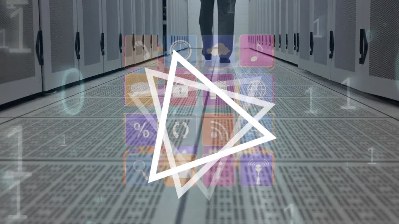 animación de formas e iconos sobre el trabajador en la sala del servidor