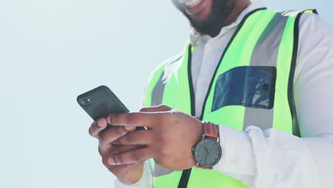 phone, typing and engineering man hands for happy