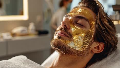 man receiving a luxurious gold leaf face mask treatment at a spa