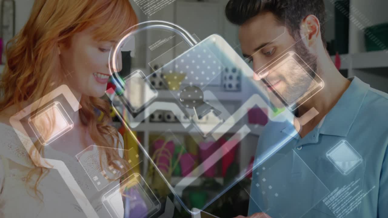 animación del candado de seguridad de la red sobre las personas que utilizan el terminal de pago