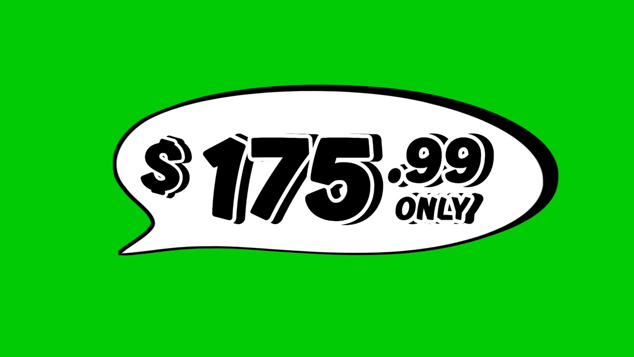 Grafica in movimento animata con fumetto e cartellino del prezzo di 175,99 $ su sfondo verde. Perfetta per annunci, e-commerce, vendita al dettaglio, sconti e video promozionali per il business.