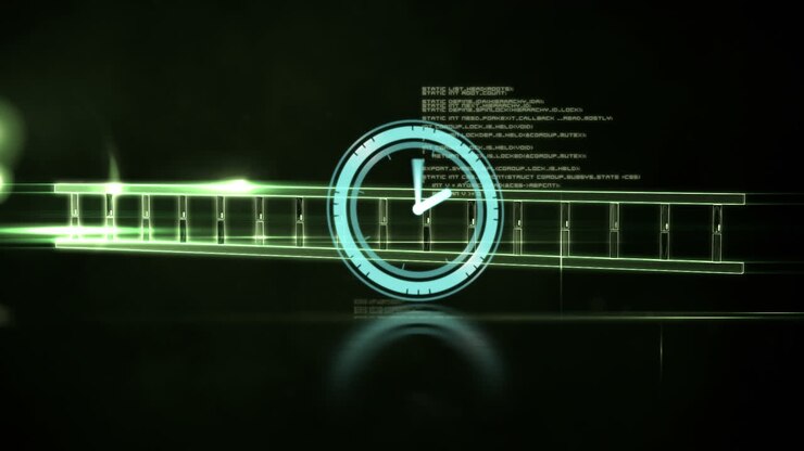 Animation of ticking clock, dna structure, data processing and green light trail on black background