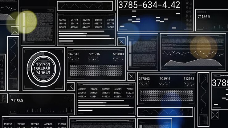 Data processing and analysis animation over various digital interface screens