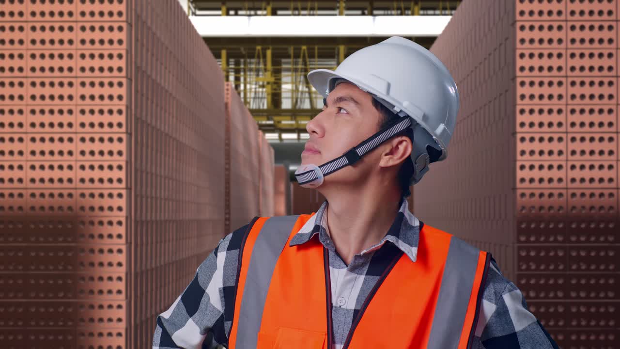 Close Up Of Asian Male Engineer Wearing Safety Helmet Looking Around While Standing With Arms Akimbo With Red Brick Packed in Stacks Are Stored
