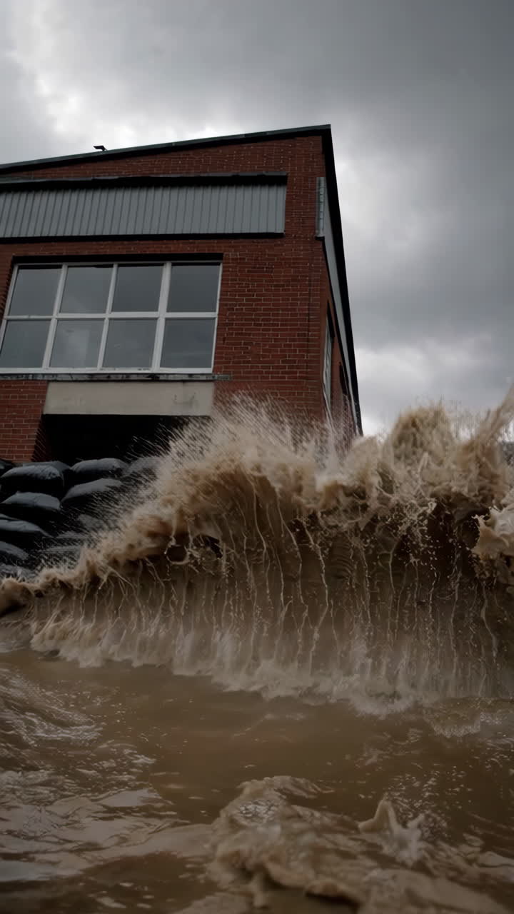 Surging Floodwaters Against Sandbag Barriers Protecting a Building
