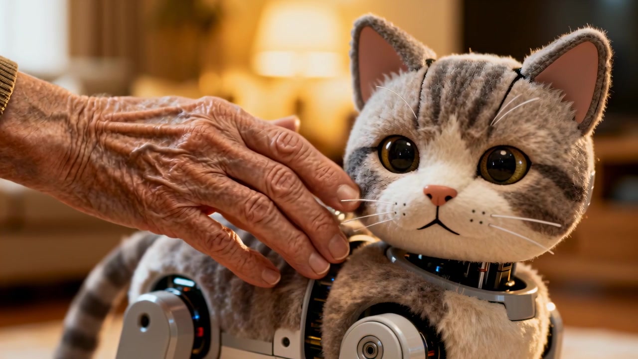 Premendo il controller, una mano anziana con un maglione di lana accarezza un gatto robotico in salotto per conforto.