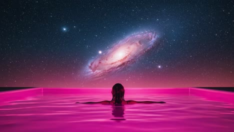 a serene journey into the cosmos: contemplating the vastness of space while relaxing in an ethereal pink pool under a starry sky