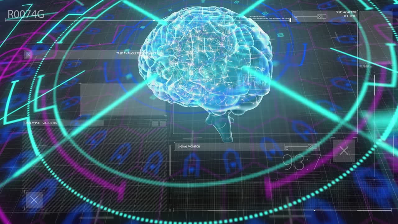 검은 바탕 위에 회전하는 뇌와 다양한 데이터의 애니메이션