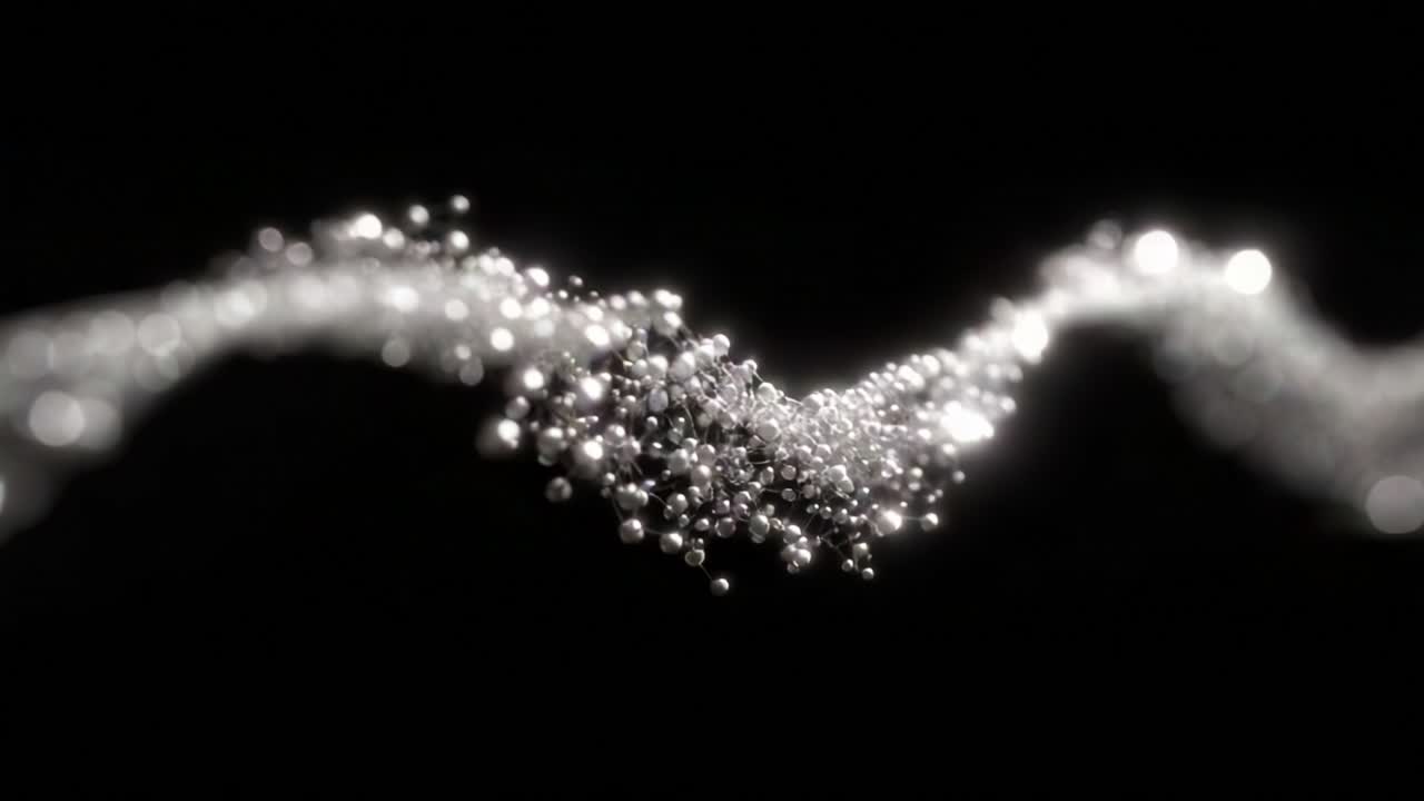 A mesmerizing wave of shimmering particles floats gracefully against a dark background, creating a captivating visual experience that evokes a sense of wonder and beauty