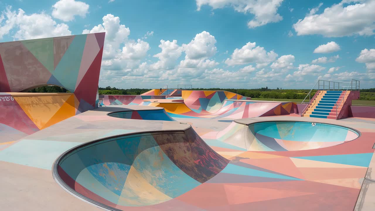 Skatista chegando, se impulsionando e andando no skatepark, praticando em rampas pintadas com uma camiseta branca