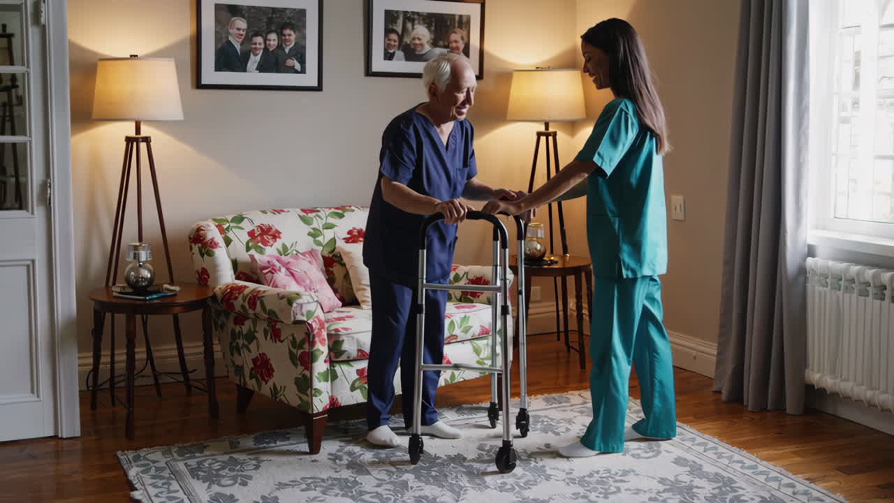 Nurse assisting elderly man with walking frame