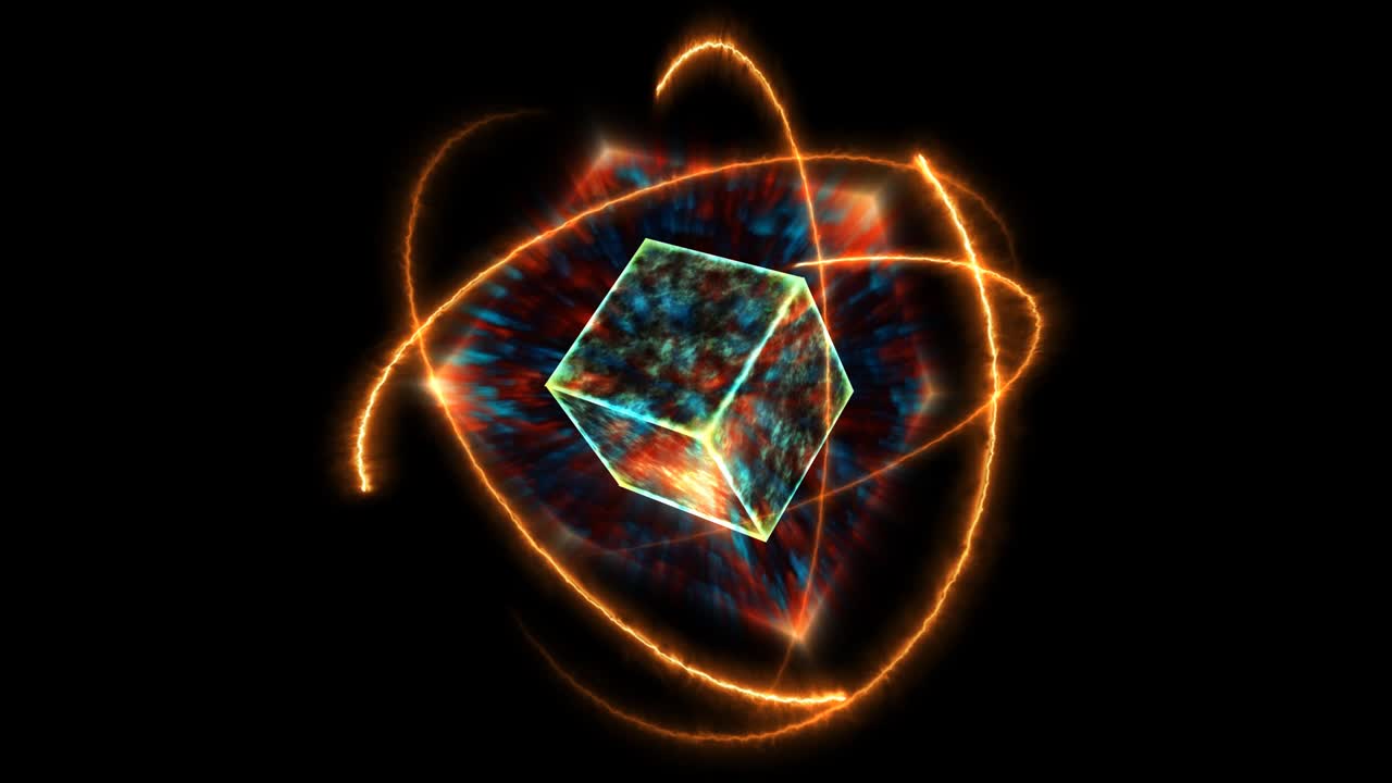 mystery dark blue wave cube empty core energy surface and atom moving by eternity flame energy