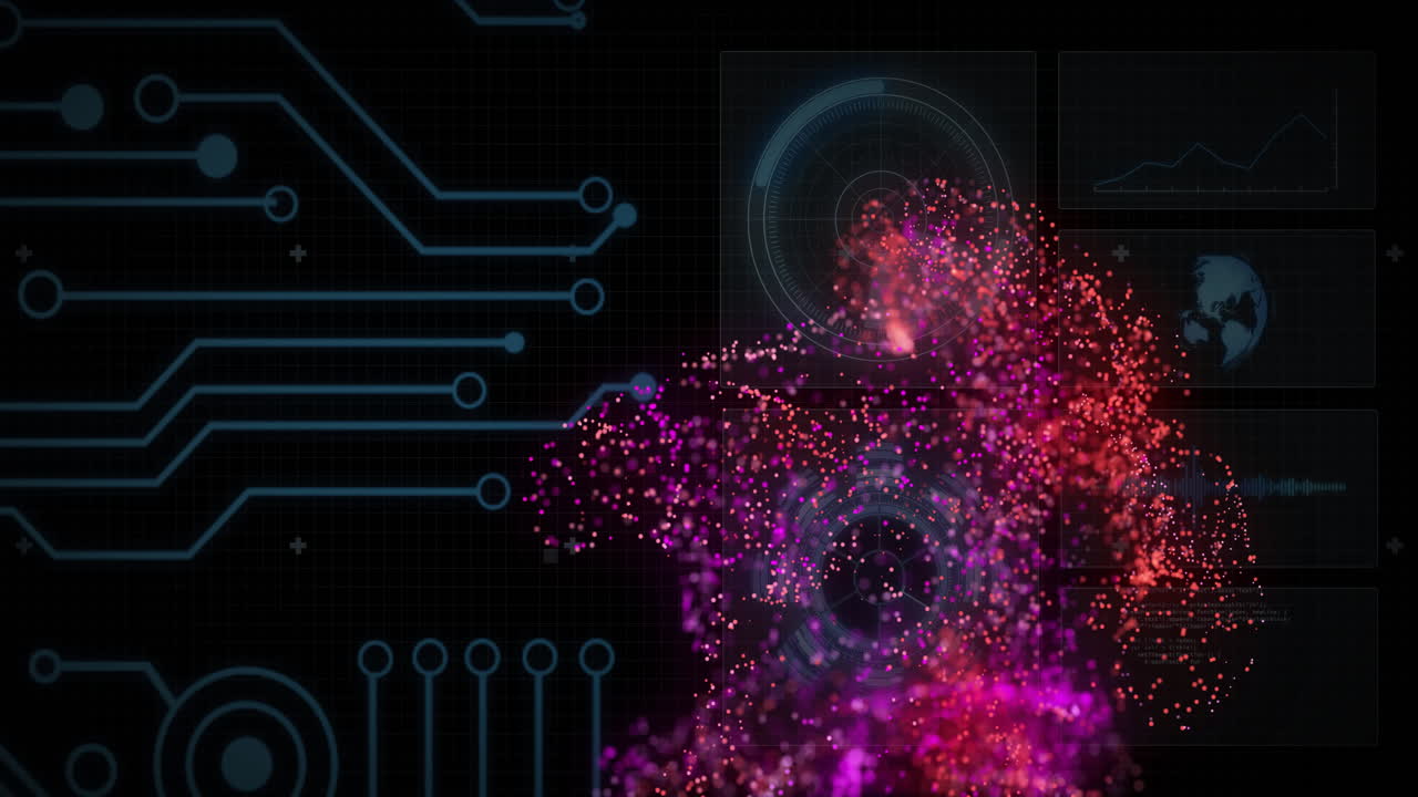 circuito digital y animación de visualización de datos sobre explosión de partículas coloridas