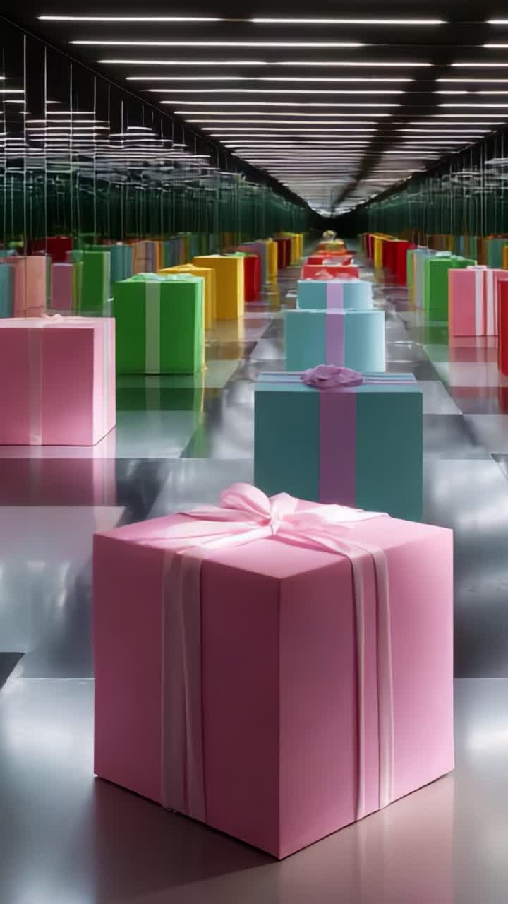 A Vivid Array of Colorful Gift Boxes Spanning a Reflective Corridor, Showcasing a Striking Perspective of Elegantly Wrapped Presents in Various Hues and Sizes, Perfect for Celebrations and Special Occasions