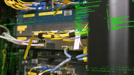 Animation of data processing over close up of computer server